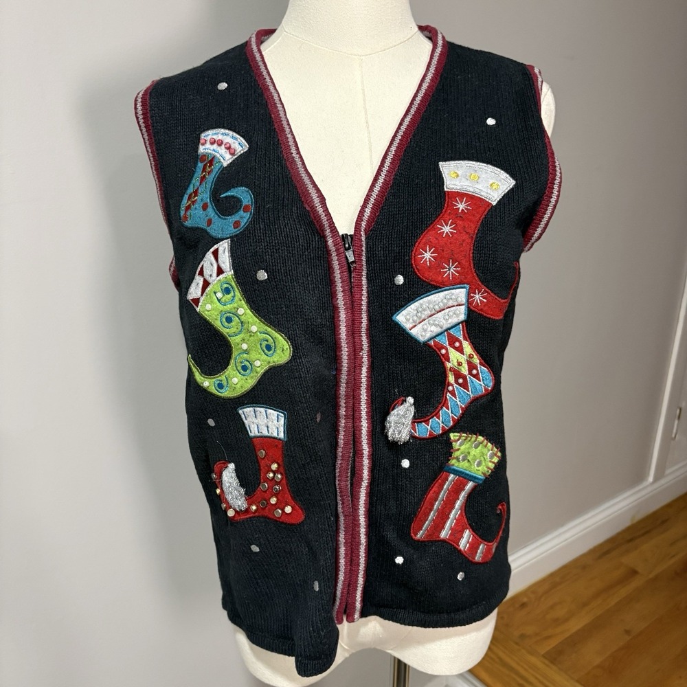 Crystal Kobe Christmas Sweater Vest Sz S Black Knit Full Zip V-Neck Embroidered